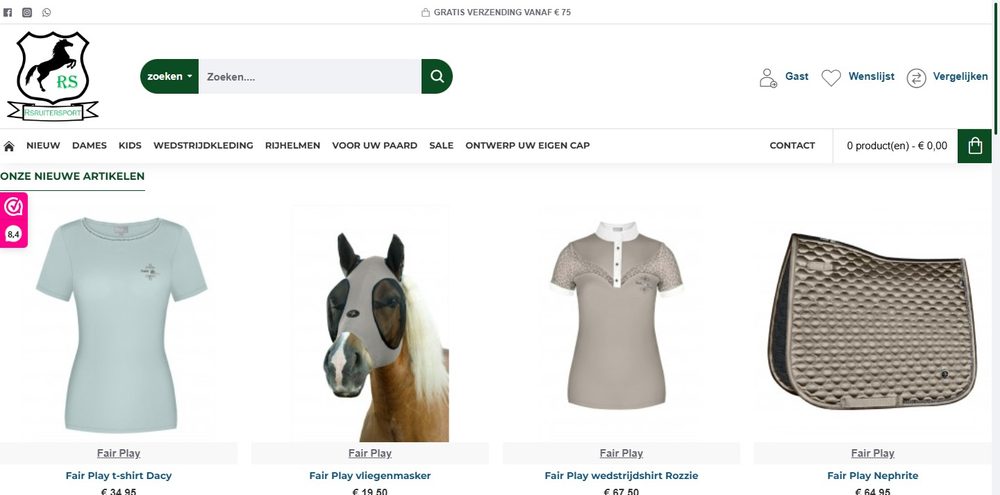 Screenshot van de webshop van RS Ruitersport: ruitersportartikelen in een op maat gemaakte OpenCart-shop.