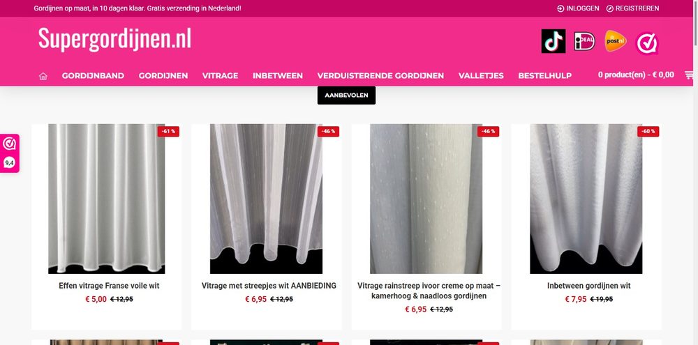 Screenshot van de webshop van Supergordijnen: een op maat gemaakte OpenCart-shop voor gordijnen.